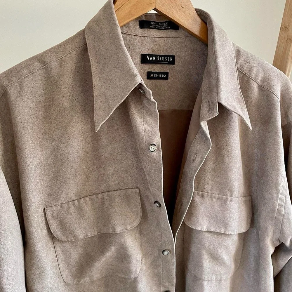Vintage Faux Suede Button Up Collared Shirt Jacket in Sand - Picture 3 of 4